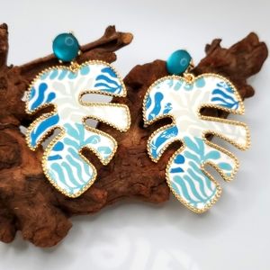 Beautiful Bold Blue and White Tropical Palm Leaf Statement Earrings